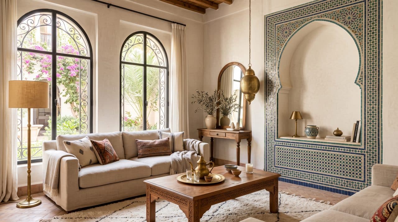 Salon d'un appartement marocain lumineux (visuel généré par IA)
